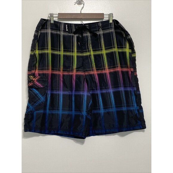 Hurley Mens Board Shorts Swim Multicolor Plaid Drawstring Pockets Trunks 38 - Picture 1 of 8